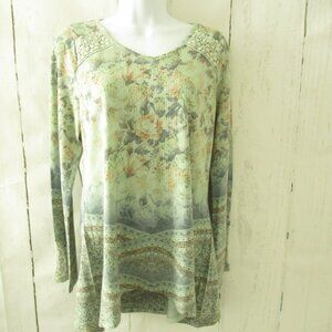 Unity World Wear Top S Small Green Floral Crochet Lace Long Sleeve